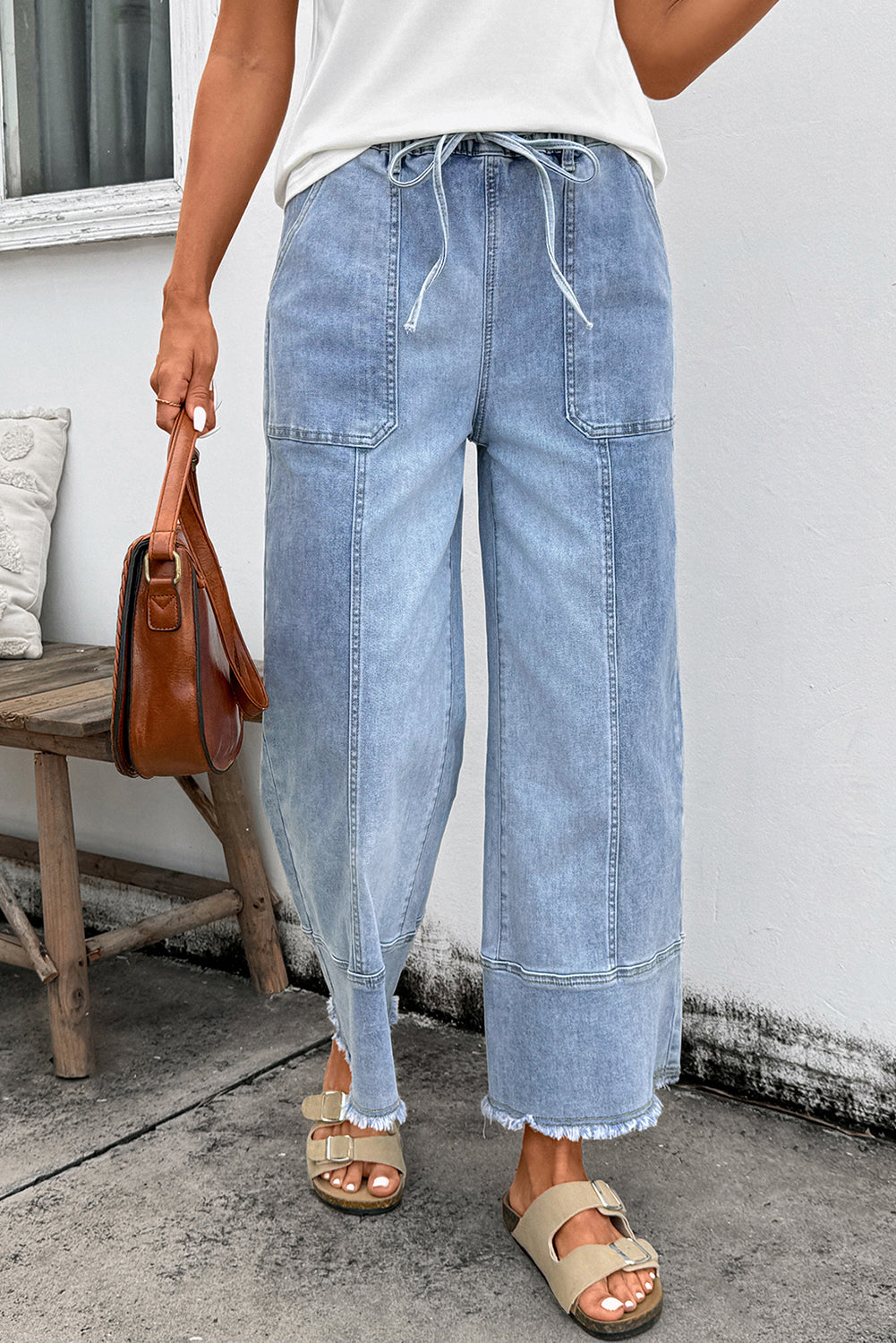 Denim Raw Hem Drawstring Wide Leg Pants