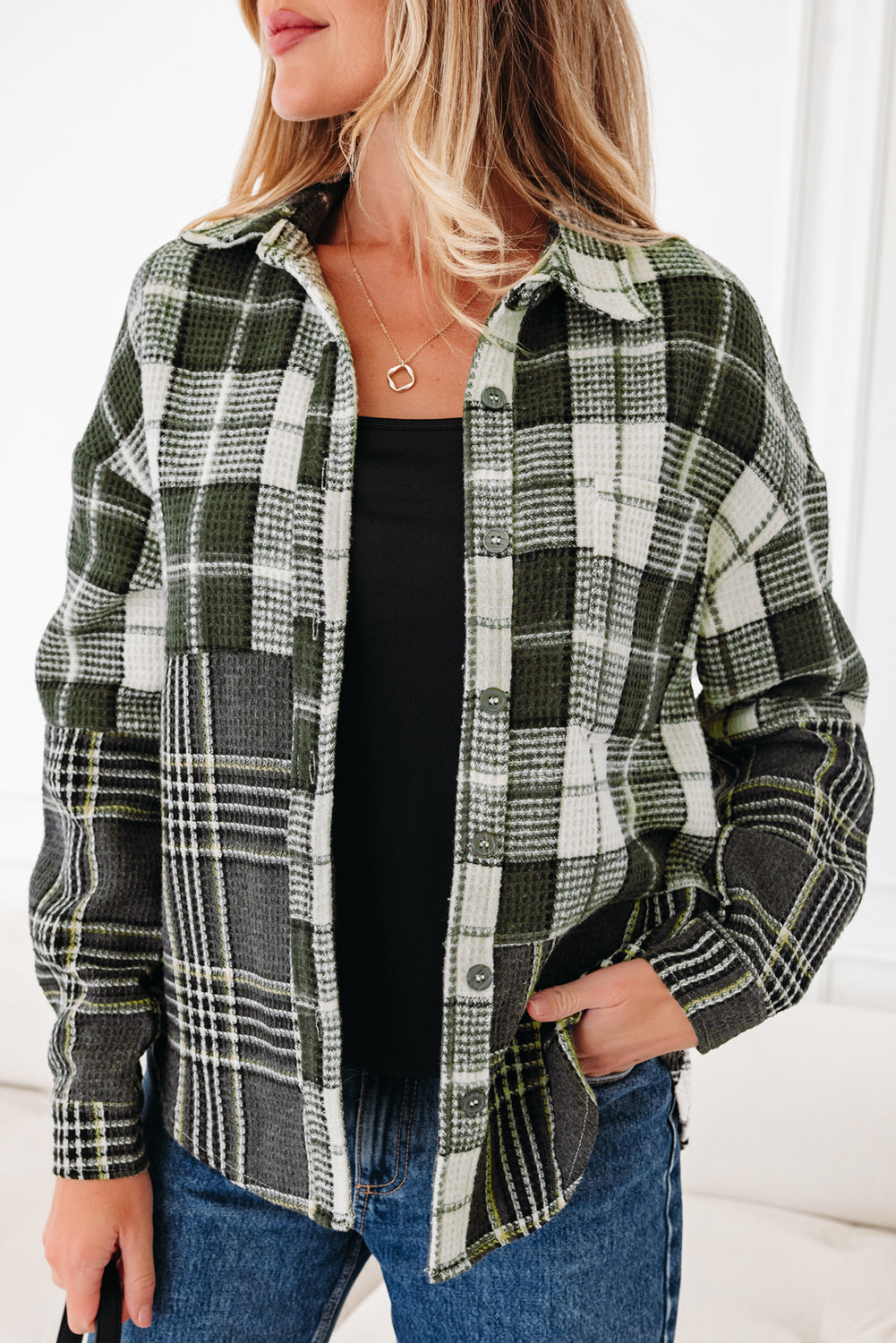 Plaid Textured Knit Button-Up Shacket