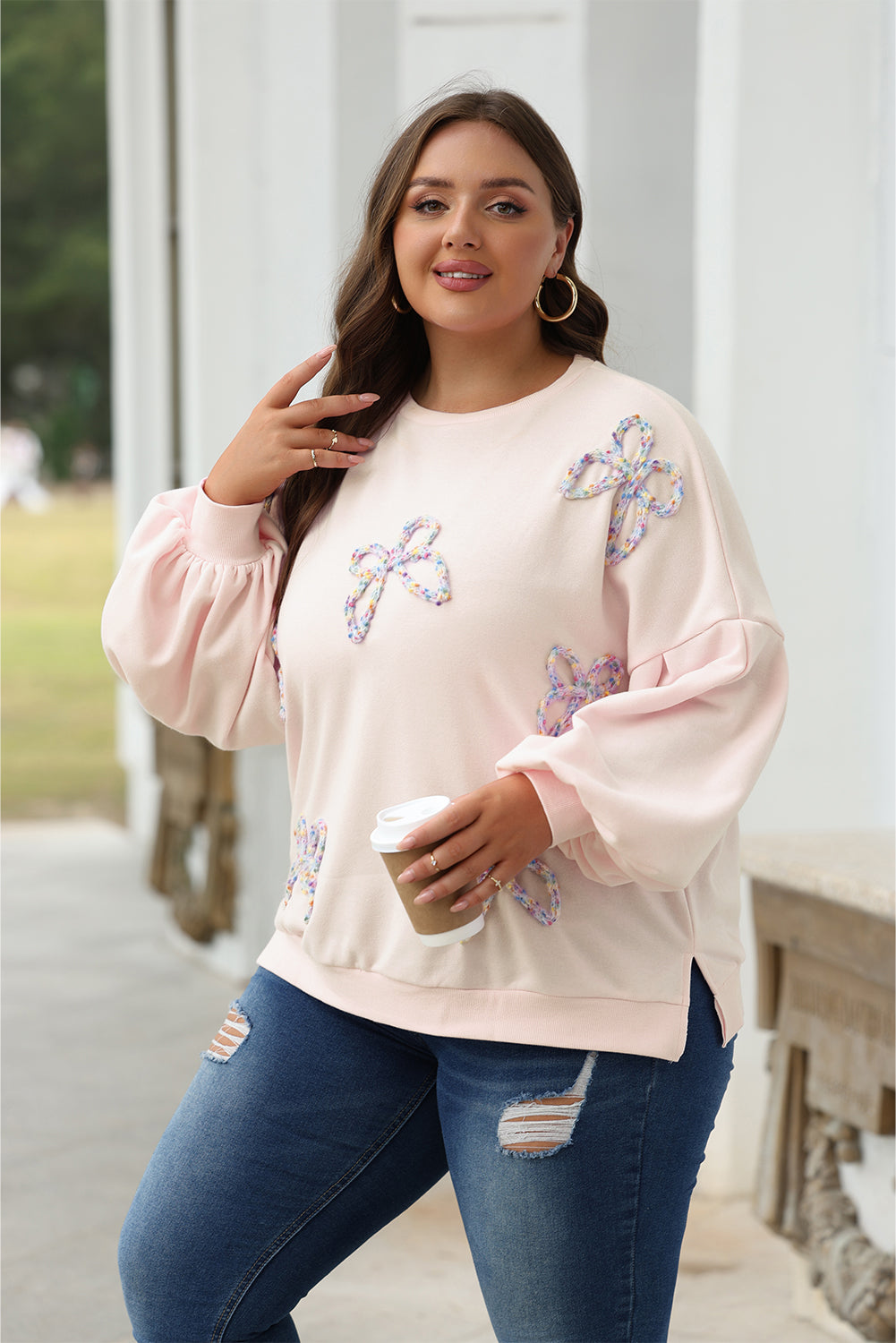 Bow Embroidered Lantern Sleeve Sweatshirt