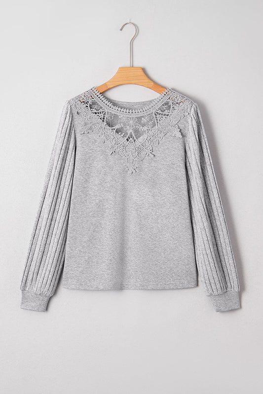 Hollow Lace Ribbed Knit Patchwork Long Sleeve Top