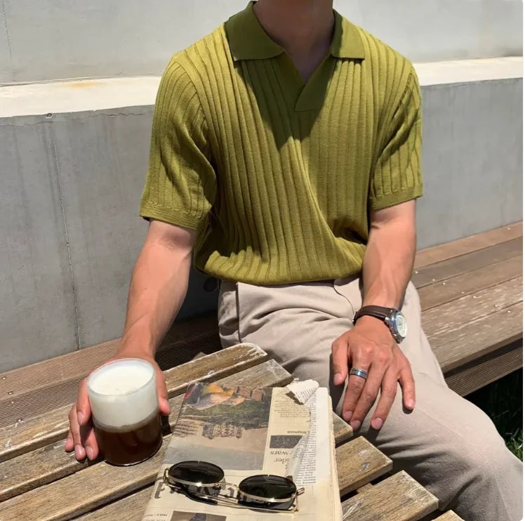 Boys Men's Slim Fit Striped Polo – Korean Style Short Sleeve Knit - # BOAA13510025