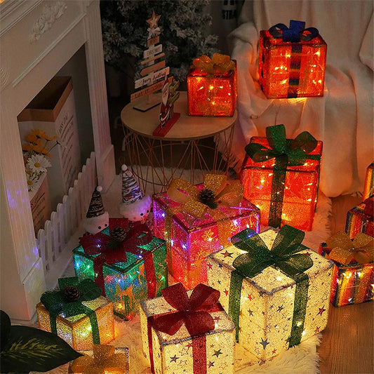 3 Pieces Foldable Christmas Decorations Lighted Gift Boxes with Multi-Color String Lights | NCS