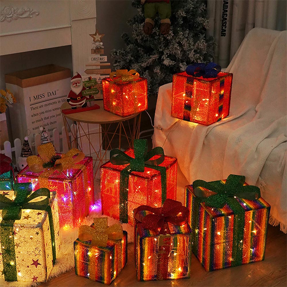 3 Pieces Foldable Christmas Decorations Lighted Gift Boxes with Multi-Color String Lights | NCS