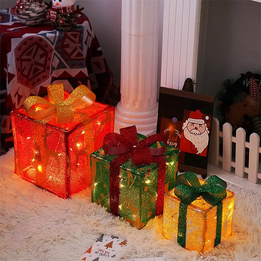 3 Pieces Foldable Christmas Decorations Lighted Gift Boxes with Multi-Color String Lights | NCS