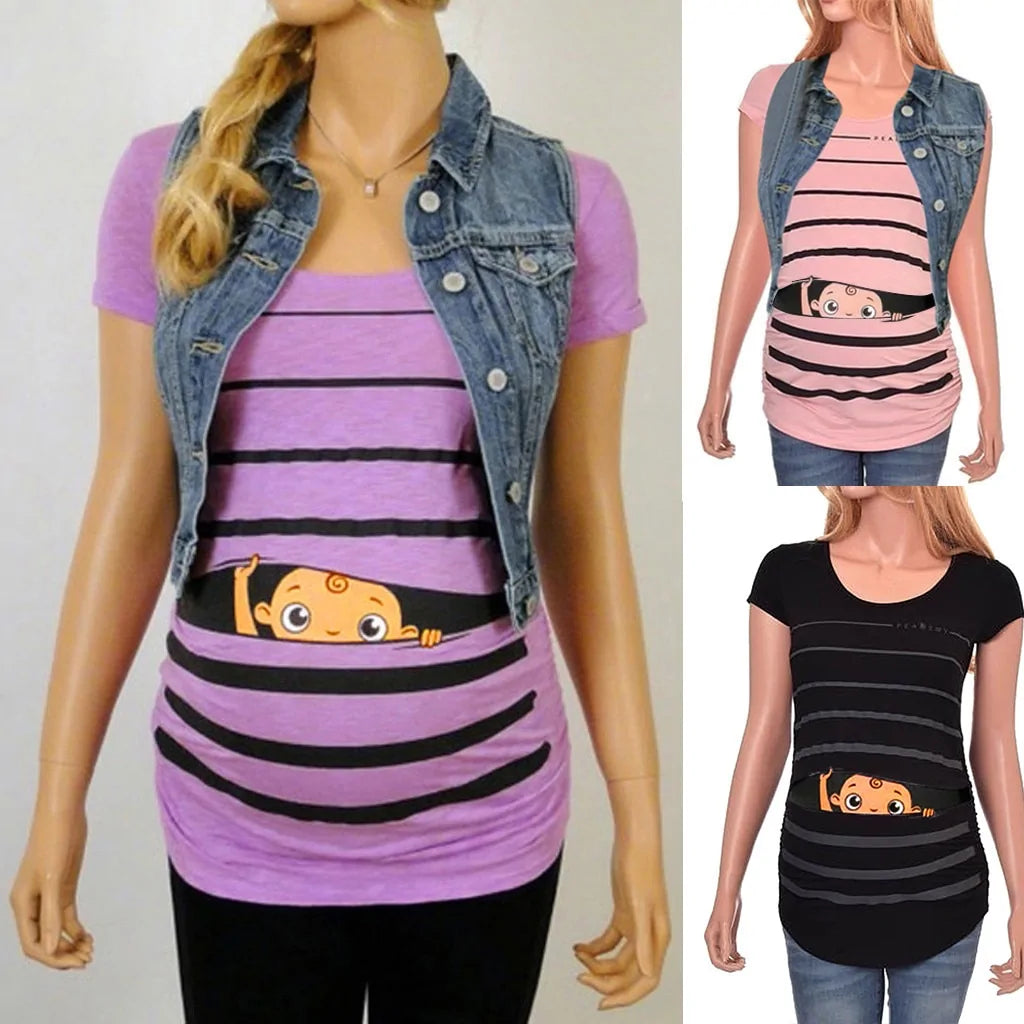 Sweet Cartoon Striped Maternity Summer T-shirt - # WOAA21510010-PRG