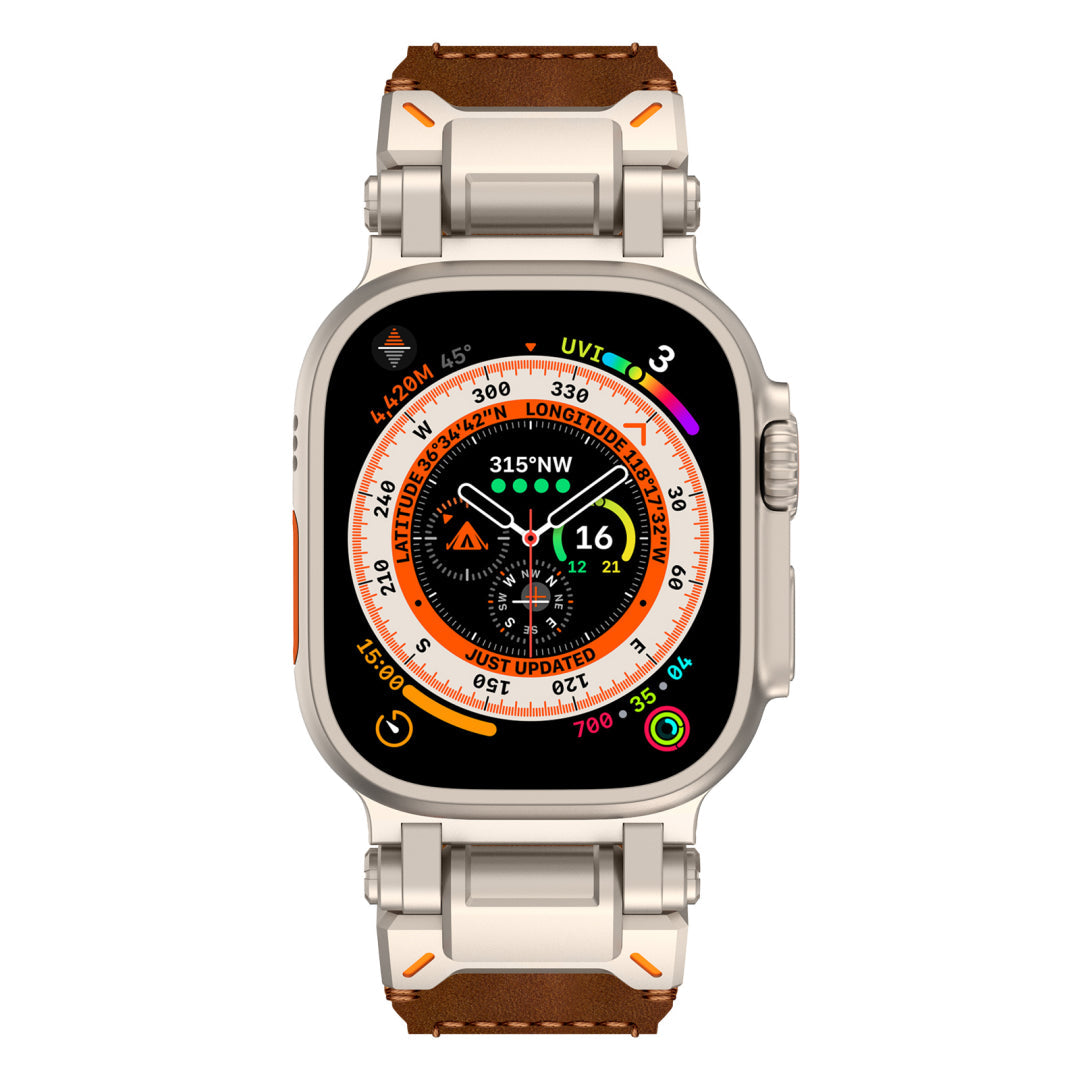 Leather Tactical Band for Apple Watch Ultra – 26mm Wide, Mecha-Style Connectors, Adventure-Ready