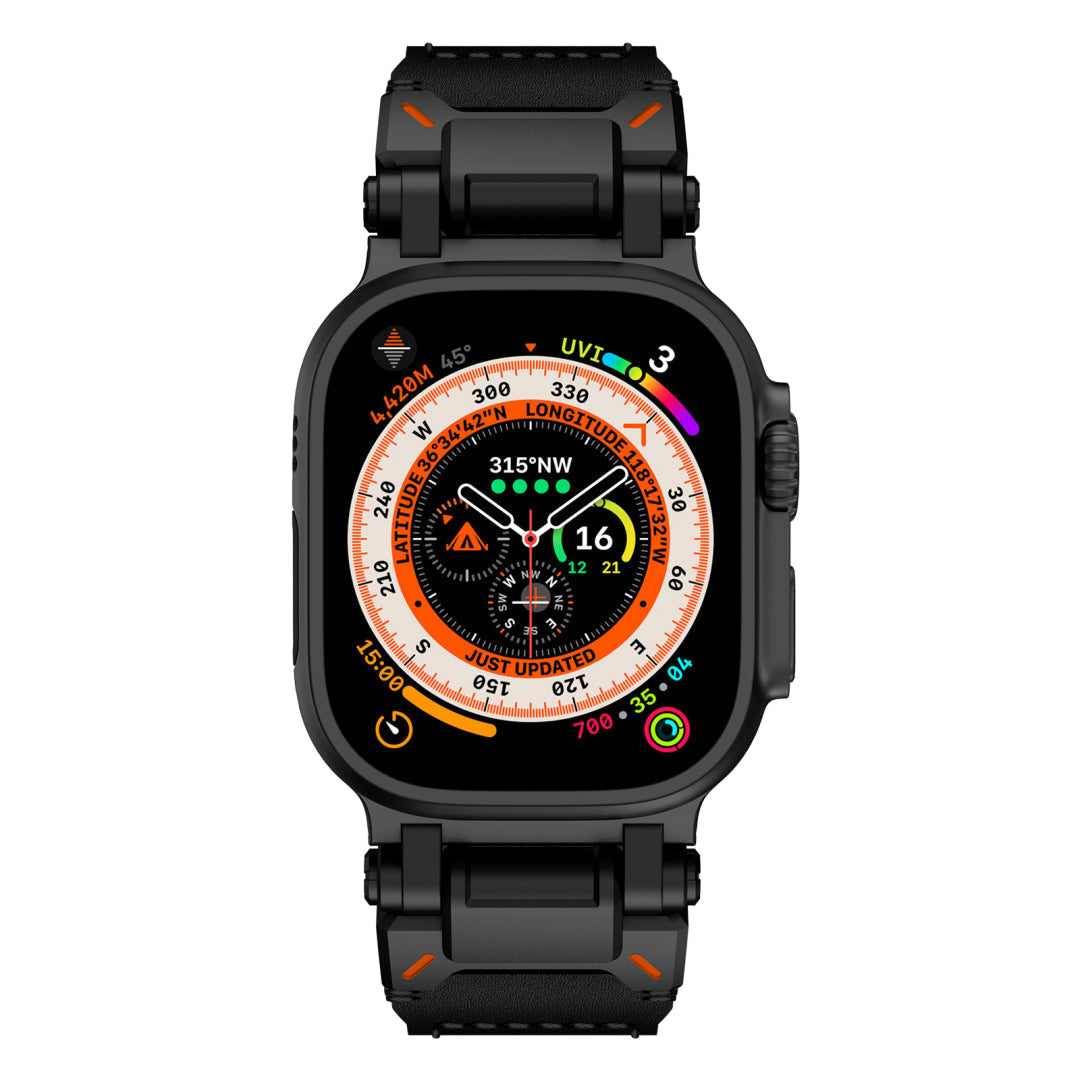 Leather Tactical Band for Apple Watch Ultra – 26mm Wide, Mecha-Style Connectors, Adventure-Ready