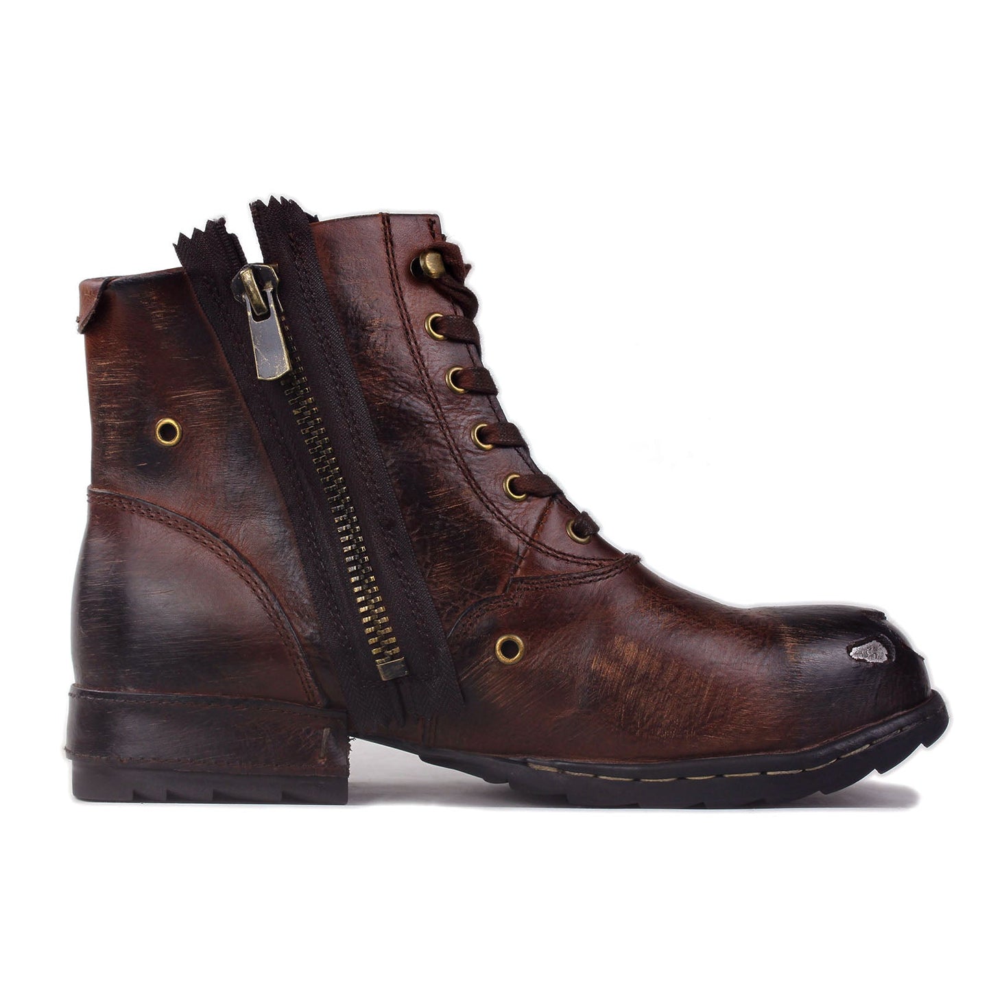 Men's Leather Ankle Moto Boots OS-5008-8-Metal Brown