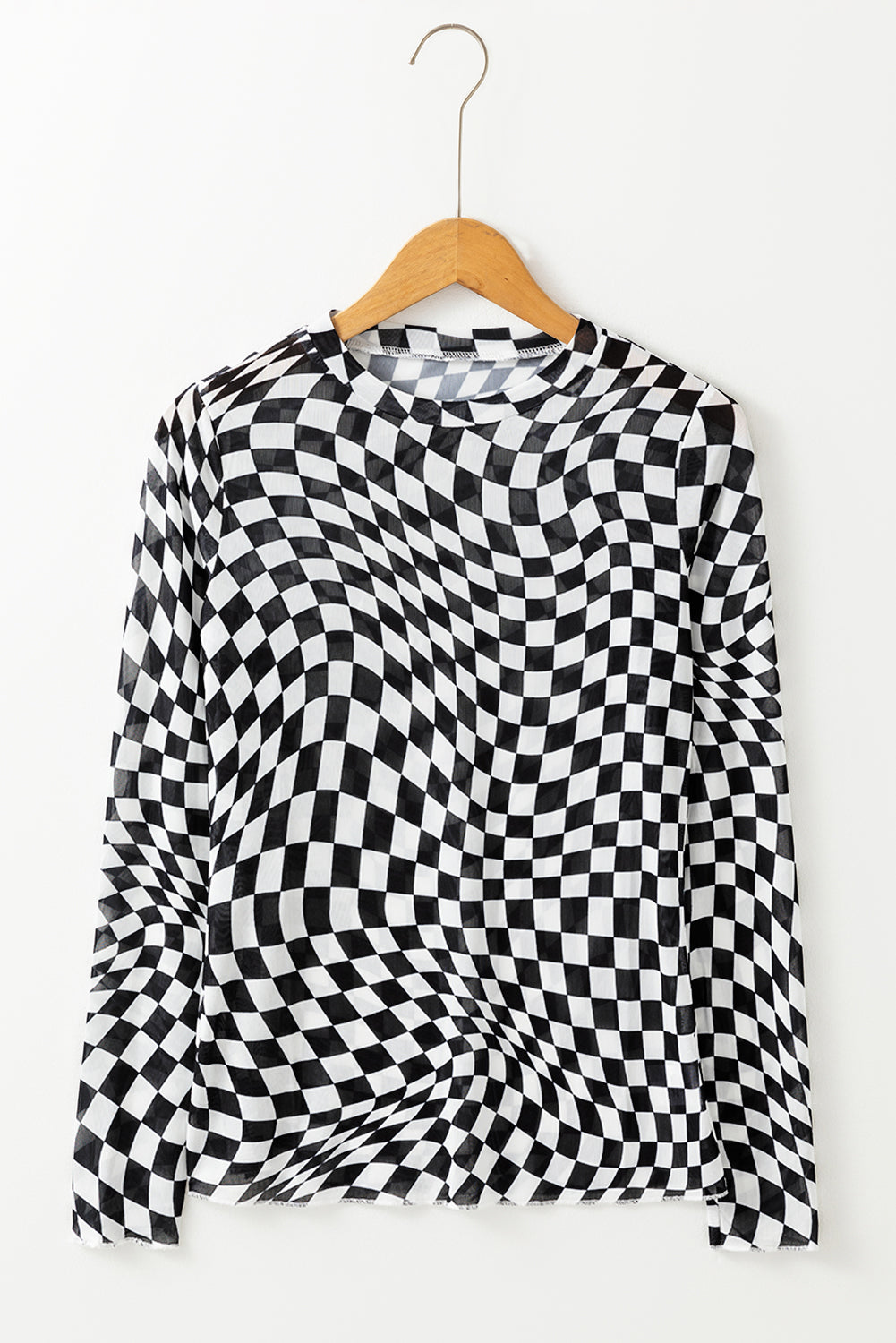 Checker Mesh Mock Neck Long Sleeve Top