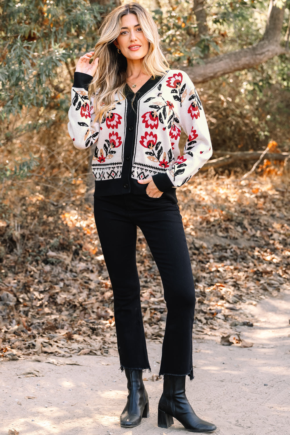 Floral Knit Button-Front V-Neck Cardigan