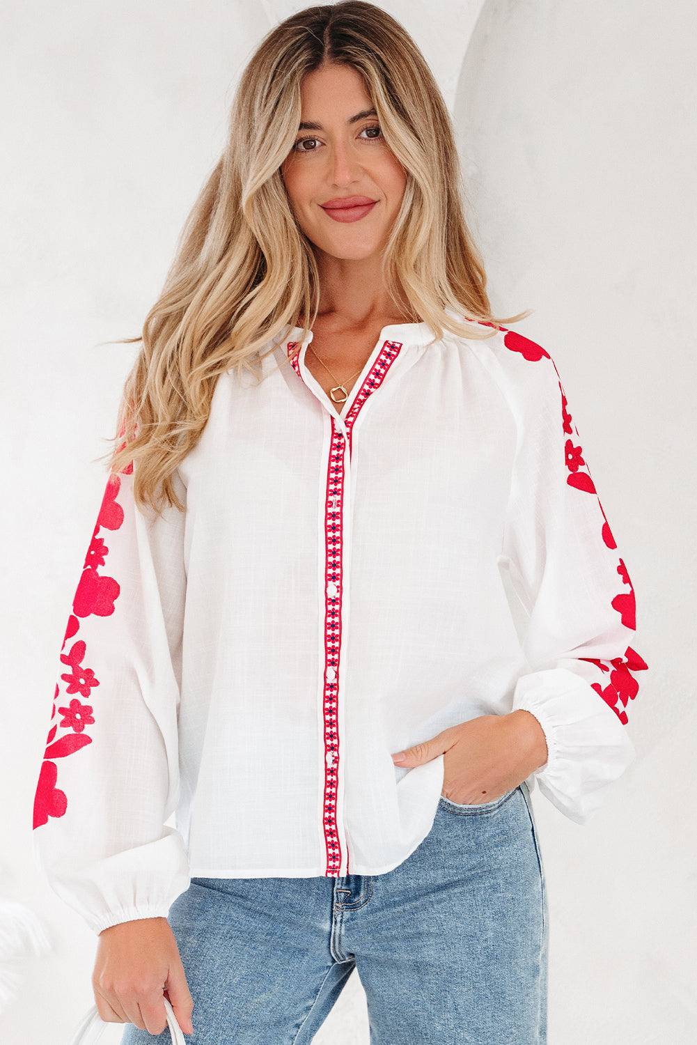 Floral Embroidered Puff Long Sleeve Shirt