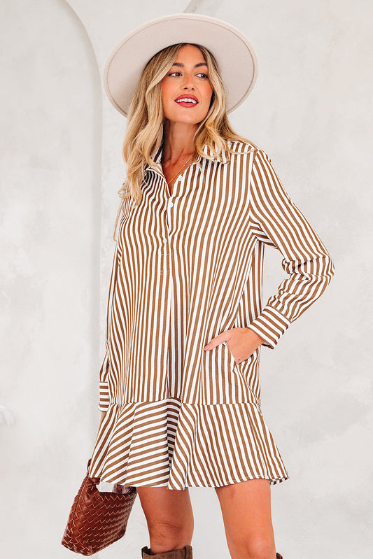 Stripe Ruffle Hem Collared Long Sleeve Shirt Mini Dress