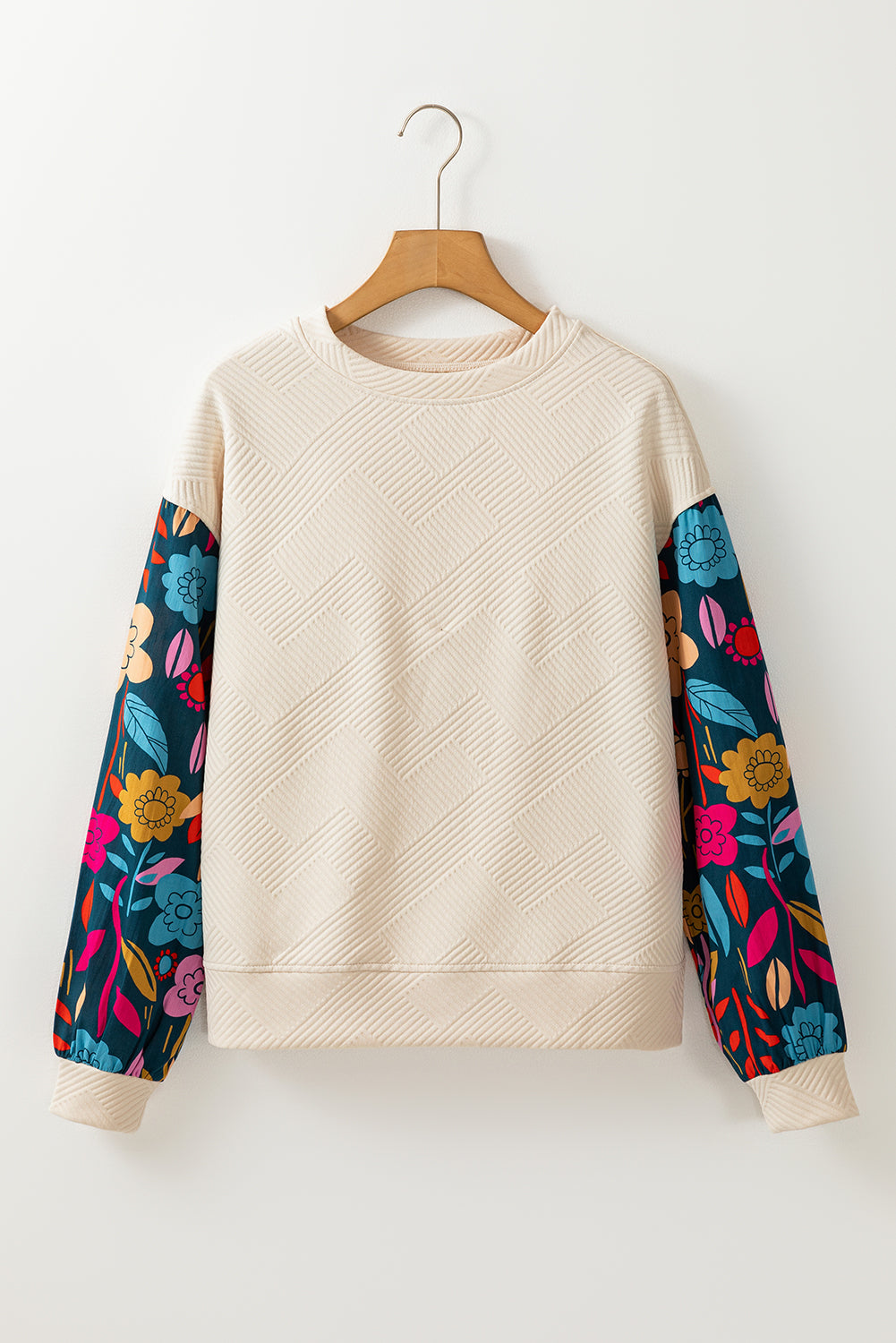 Floral Sleeve Textured Knit Drop Shoulder Top