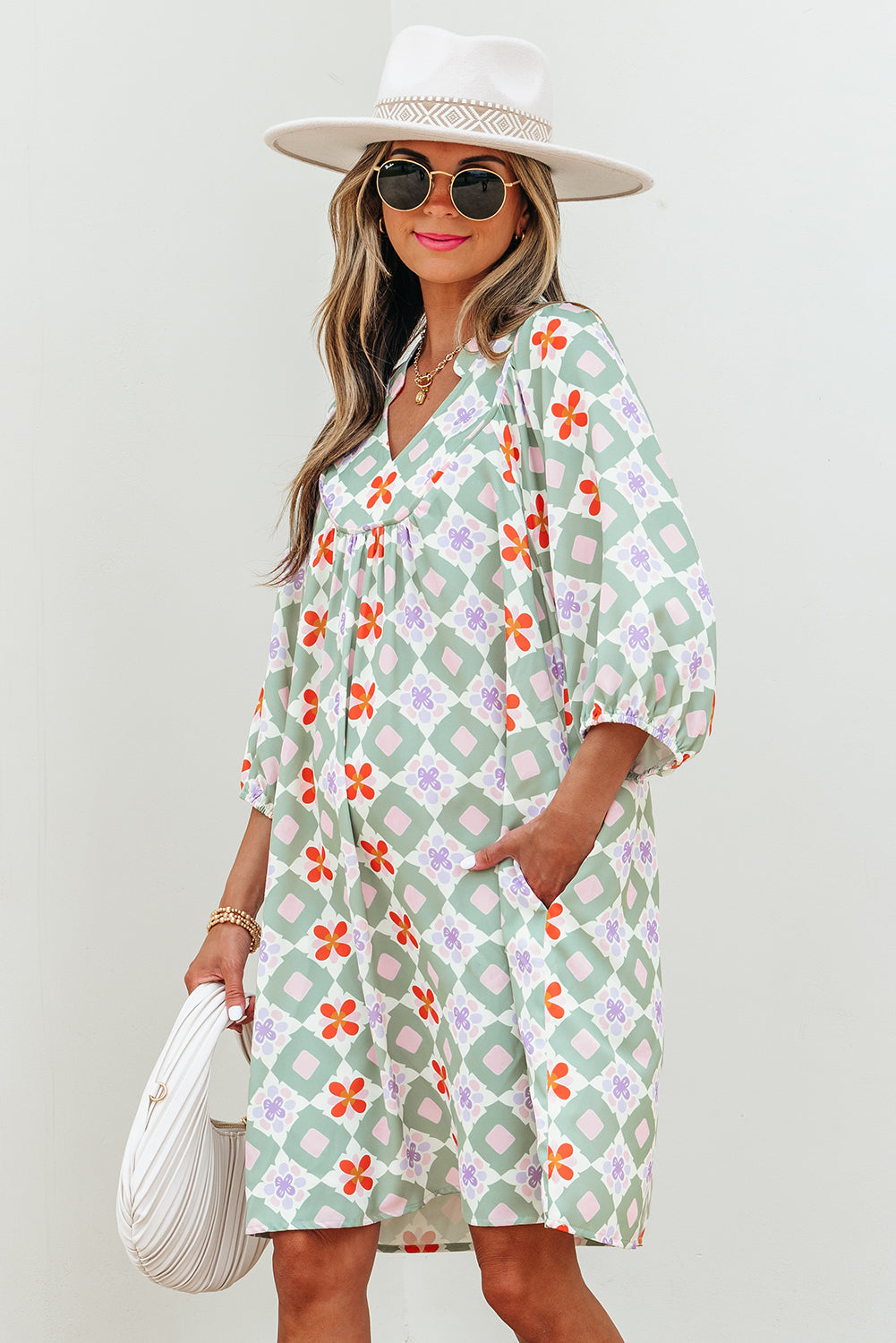 Geometric Floral 3/4 Sleeve Mini Dress