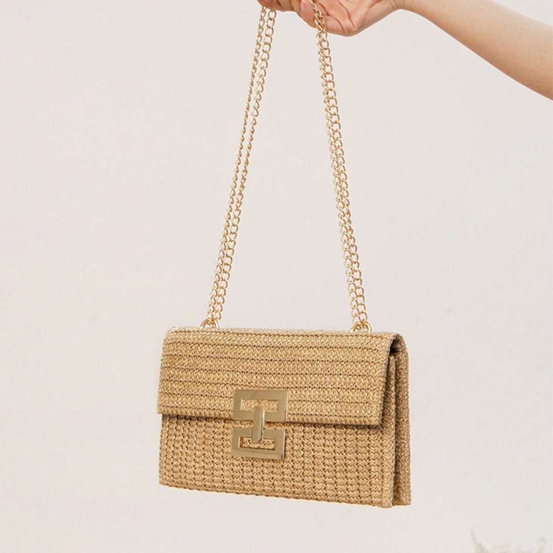 Bag ladies holiday shoulder bag, chain flip lock square purse, straw bag hobo shoulder bag women