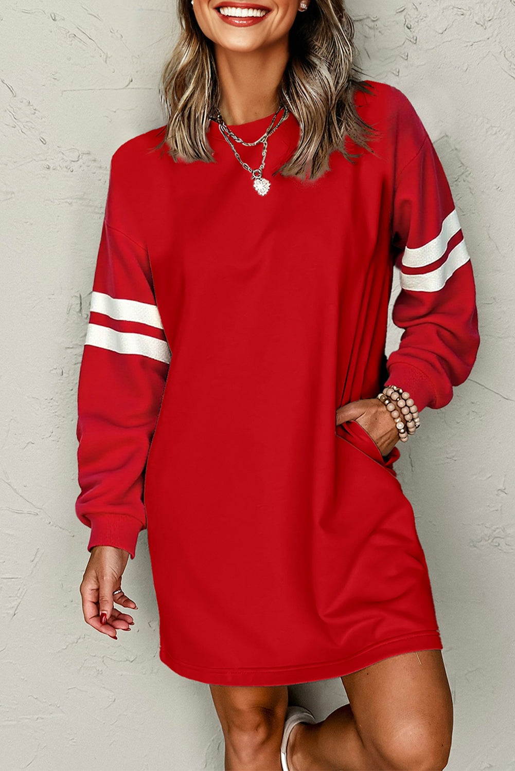 Varsity Stripe Long Sleeve Sweatshirt Dress