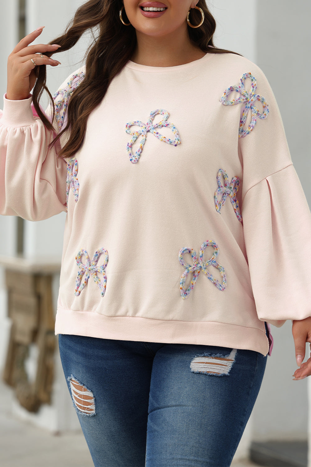 Bow Embroidered Lantern Sleeve Sweatshirt