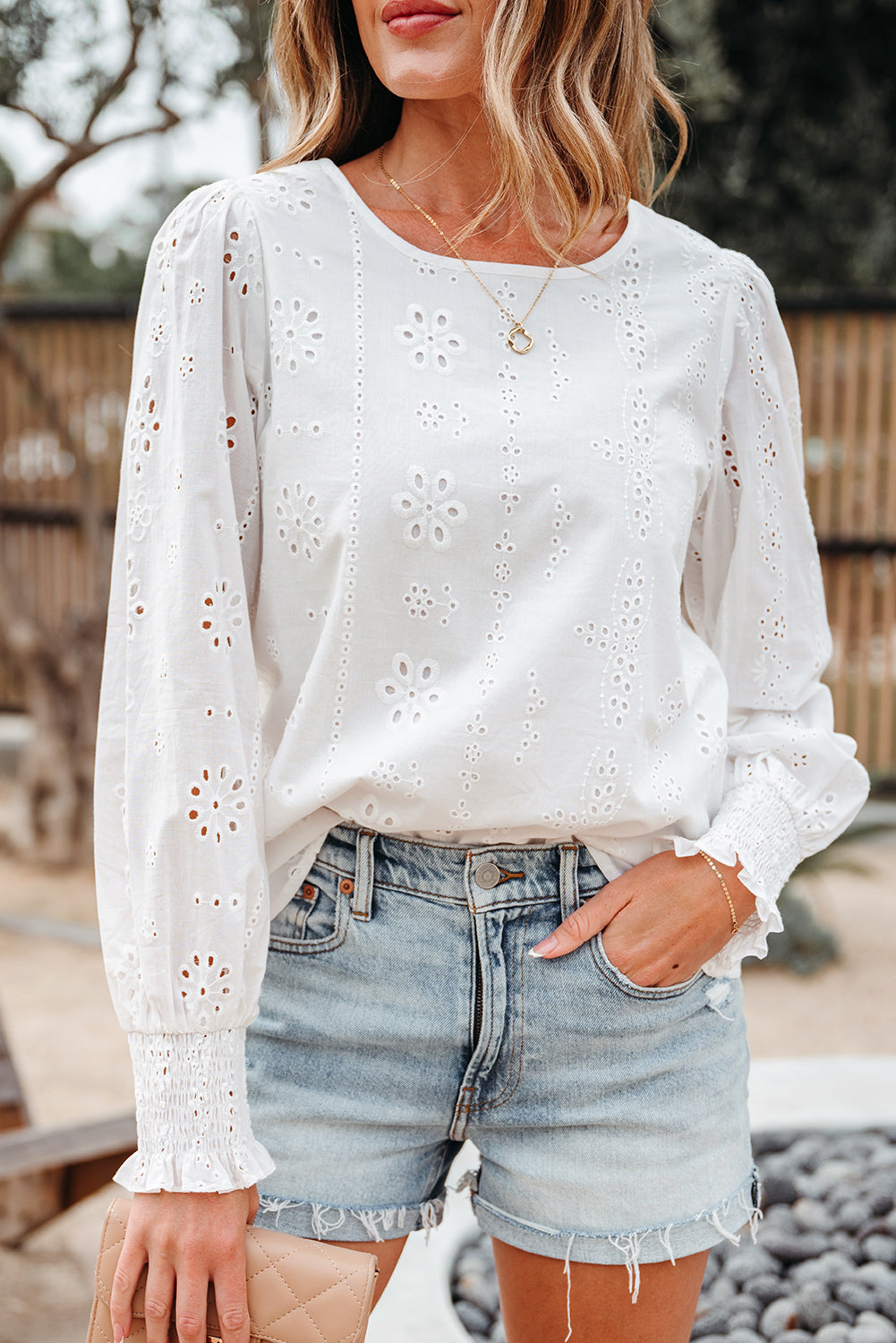 Solid Eyelet Embroidered Long Sleeve Blouse