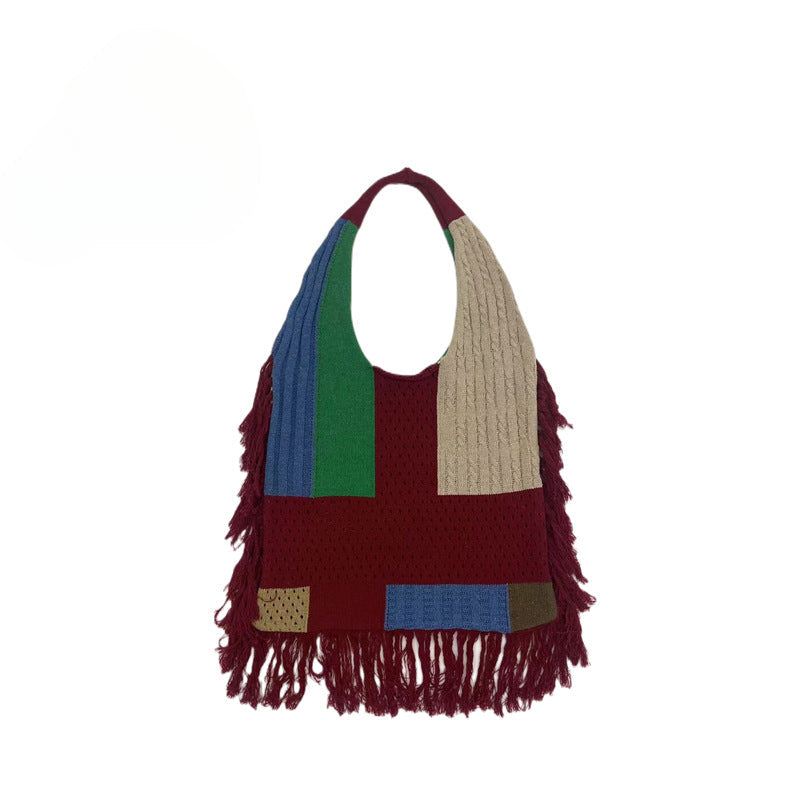 Tassel bag women, splicing knitted shoulder bag, simple and versatile retro knitted bag hobo