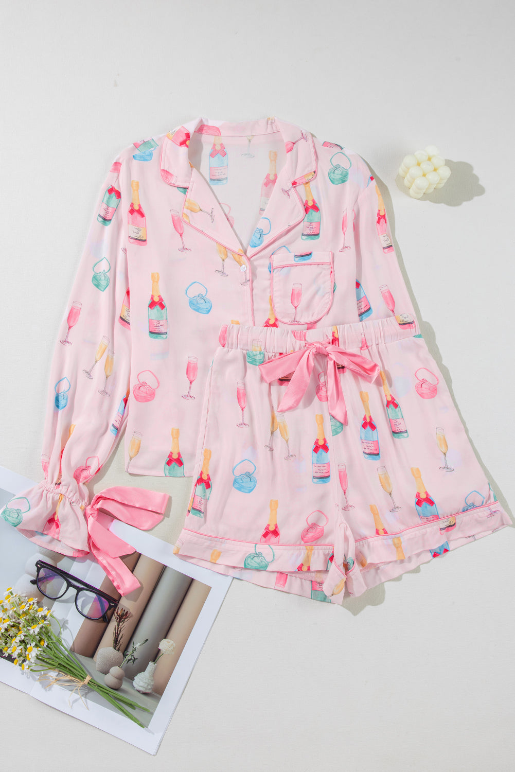 Christmas Wine Glass Bow Knot Pajama Set