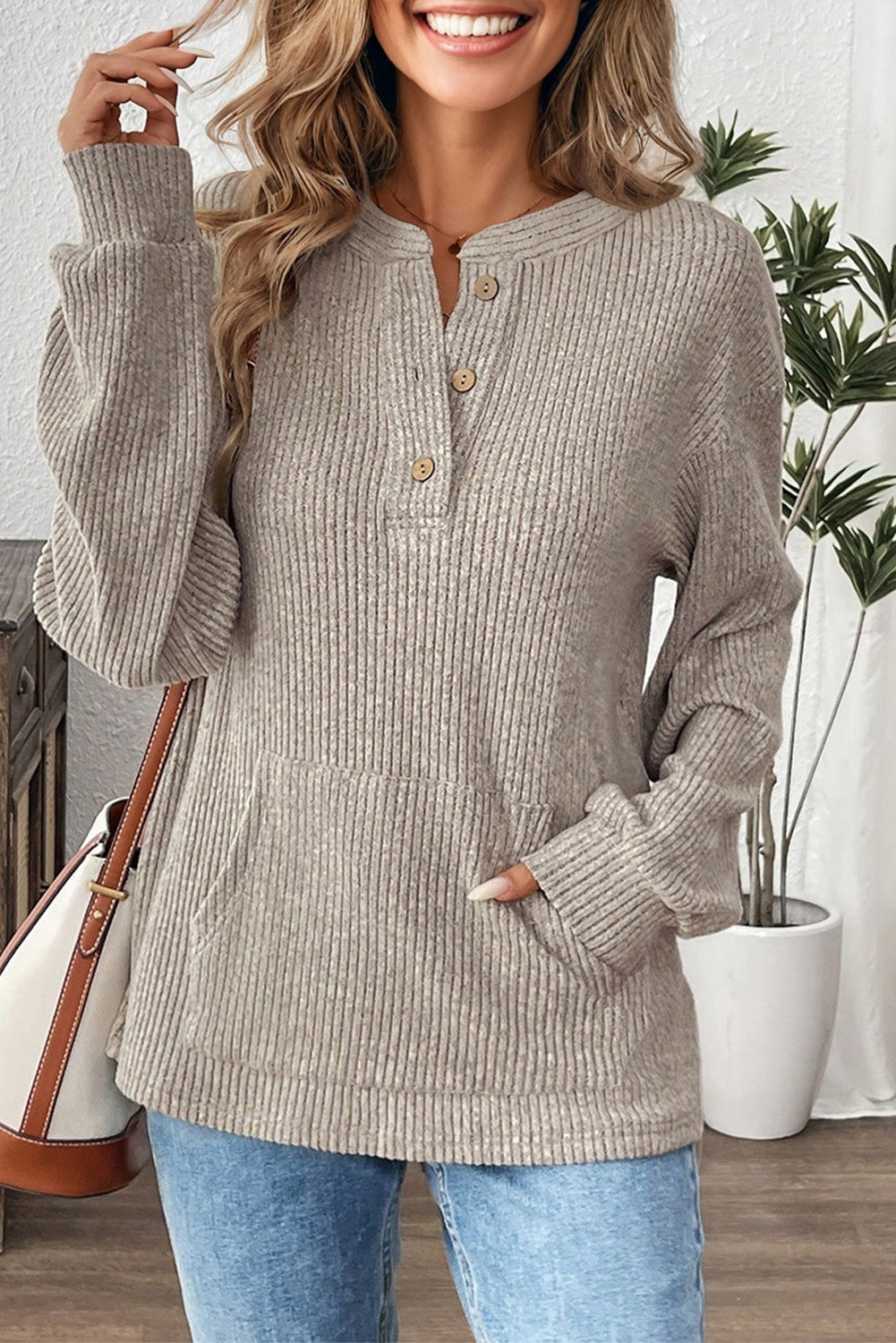 Solid Ribbed Knit Drop Shoulder Henley Top