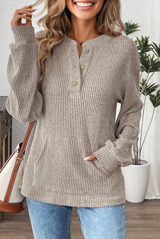 Solid Ribbed Knit Drop Shoulder Henley Top