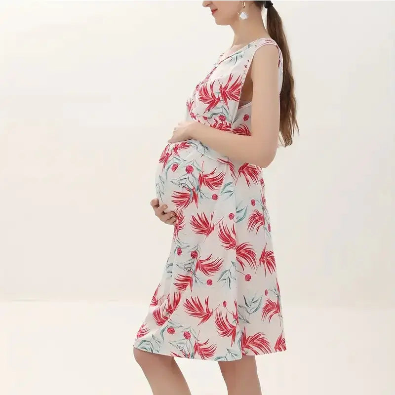 European American Maternity Dress - Printed V-neck Design - # BAGE211510112-PRG