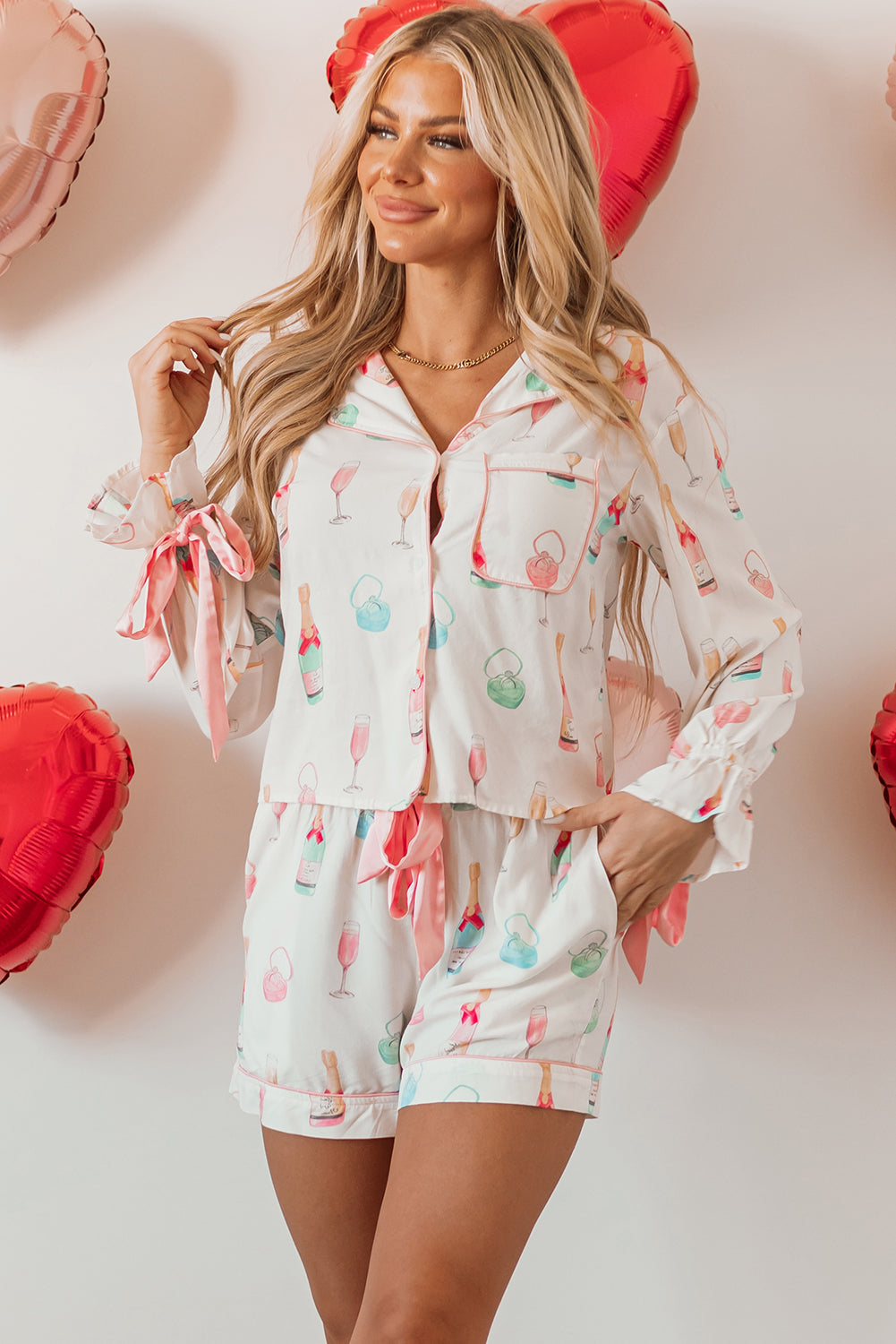 Christmas Wine Glass Bow Knot Pajama Set