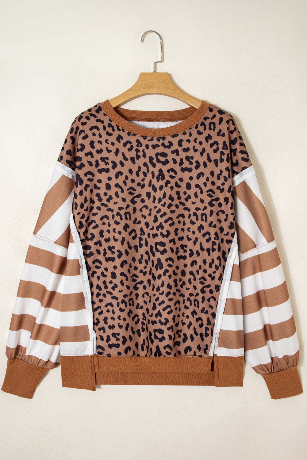 Plus Size Leopard Stripe Patchwork Side Slit Sweatshirt