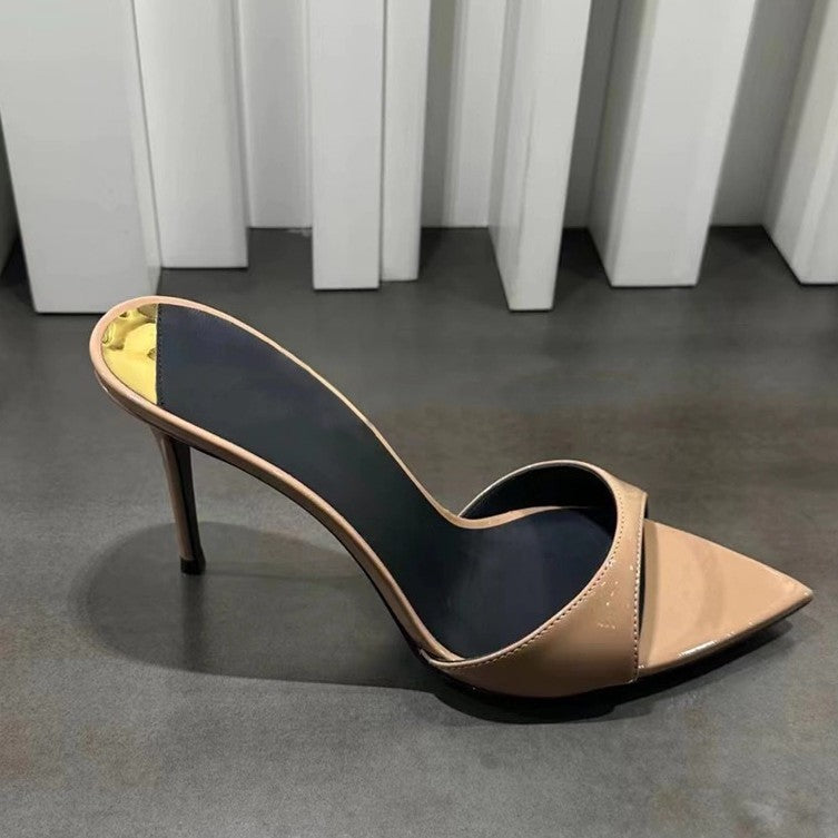 Patent leather fish-mouth flip-flops, simple open-toe sandals, women's thin heels