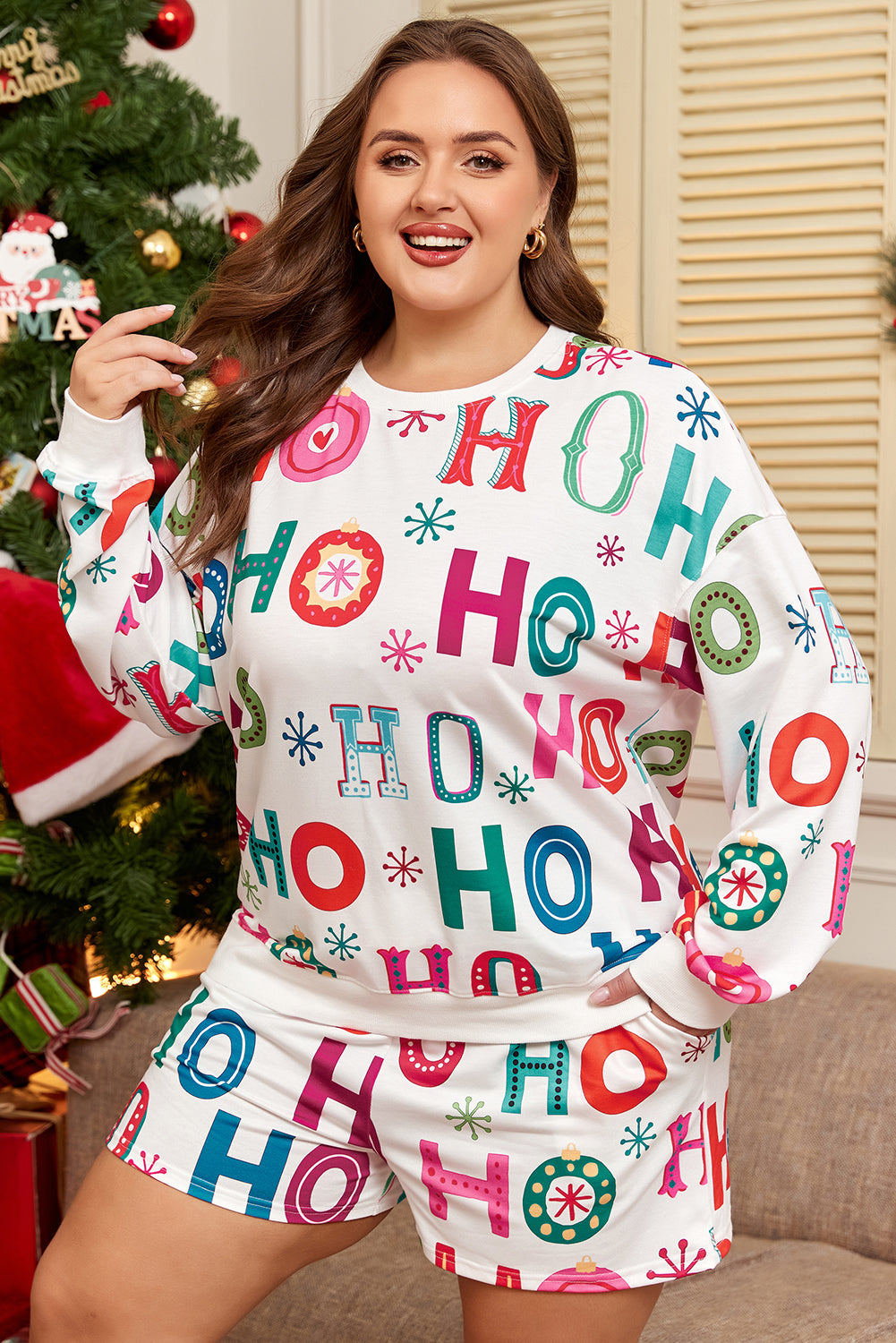 Plus Size Christmas Ho Ho Ho Top and Shorts Lounge Set