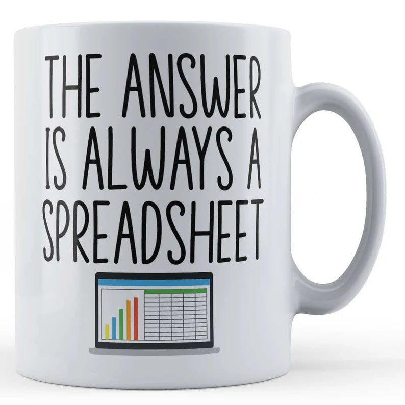 Spreadsheet-themed ceramic coffee mug