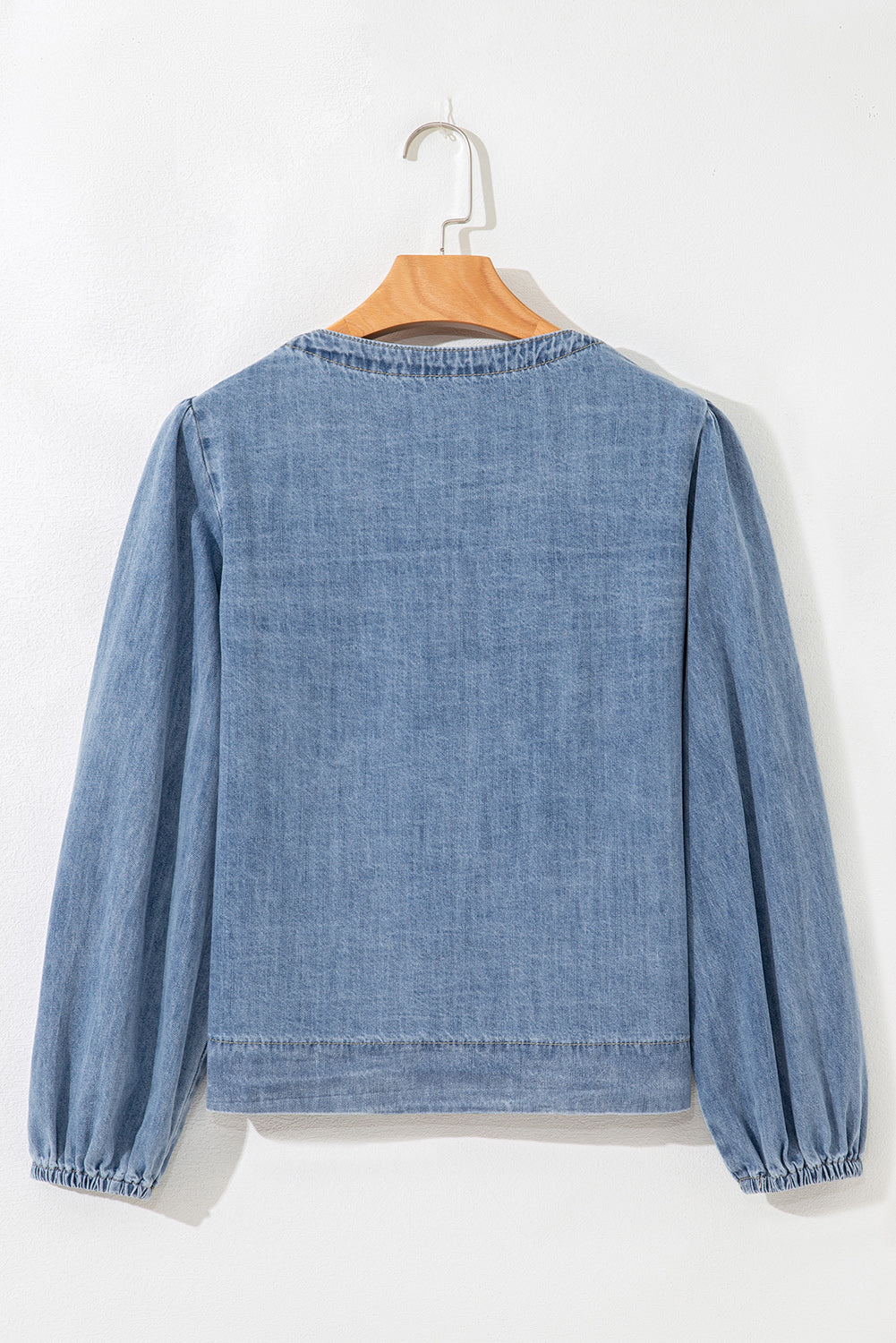 Solid Denim Tie-Front Puff Sleeve Top