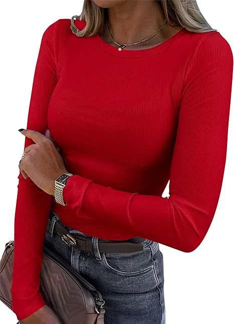 Long-sleeved Elastic Round Neck Rib T-shirt