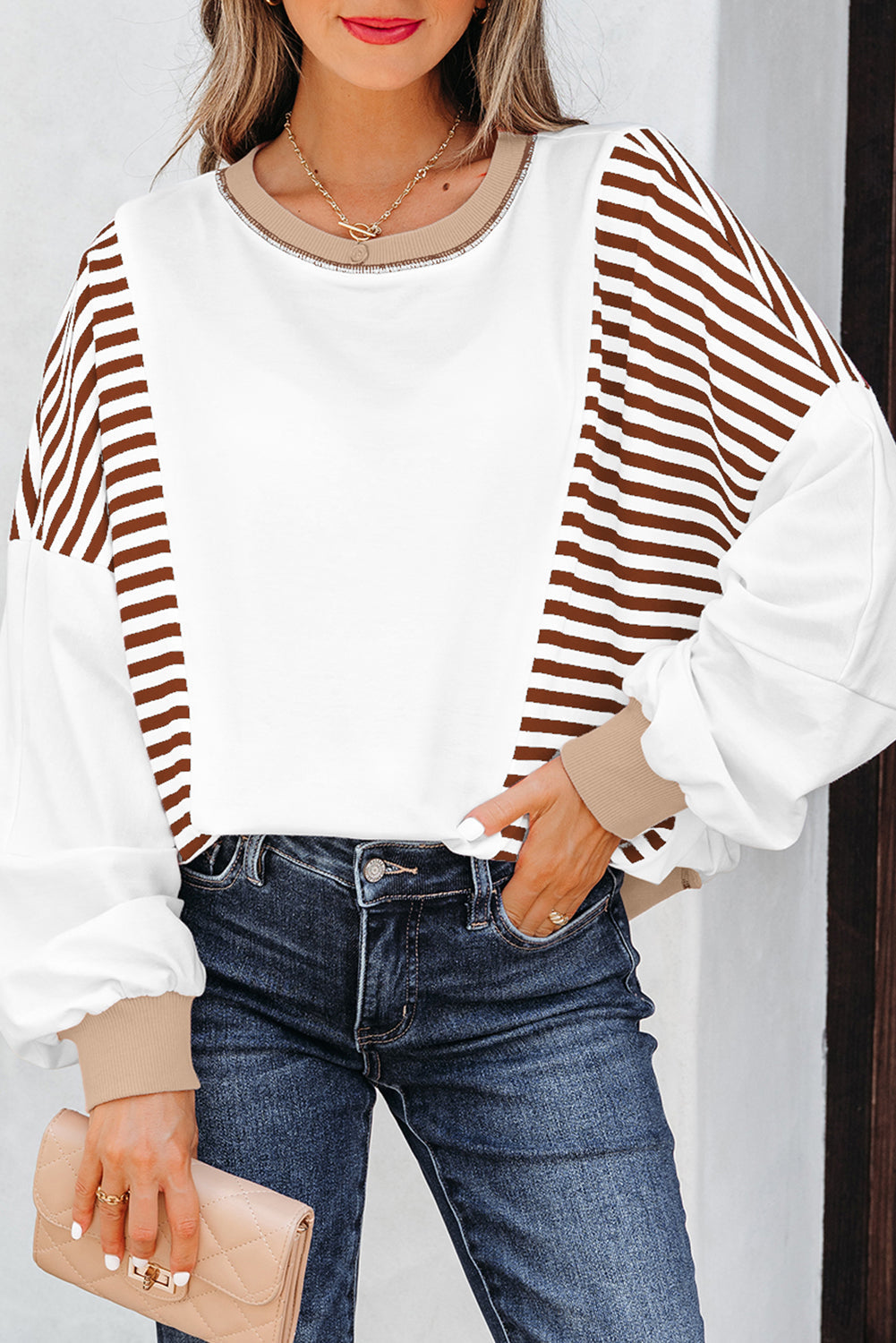 Stripe Colorblock Patchwork Contrast Stitch Sweatshirt
