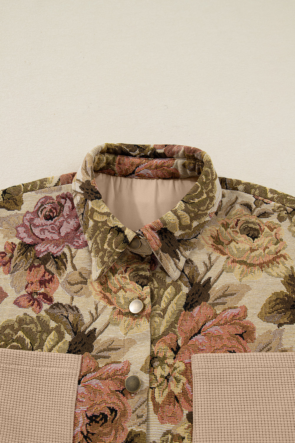 Floral Waffle Knit Patchwork Chest Pocket Buttoned Jacket