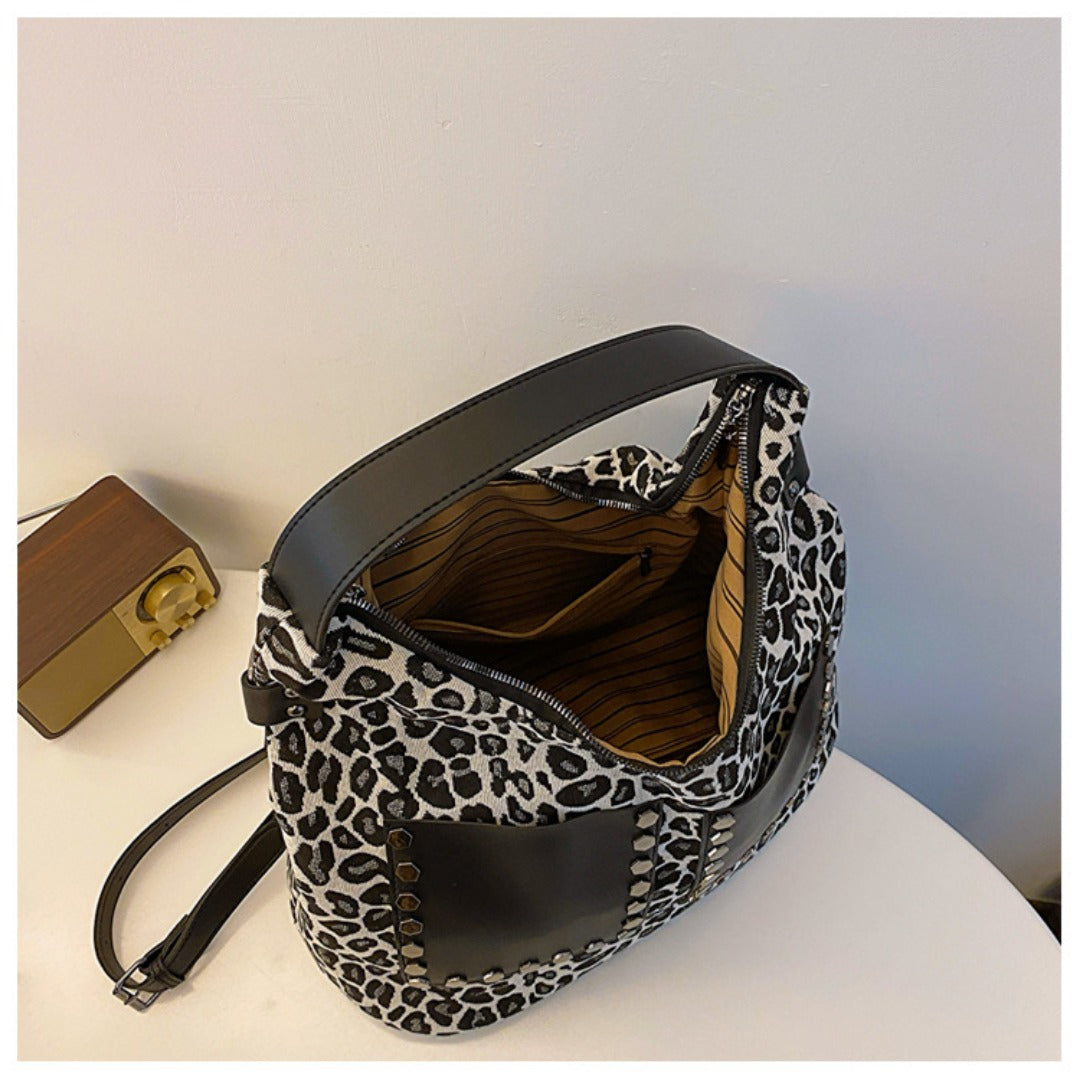 Ladies leopard print large capacity tote bag, vintage hobo bag casual, shoulder bag with crossbody strap, bag underarm bag women