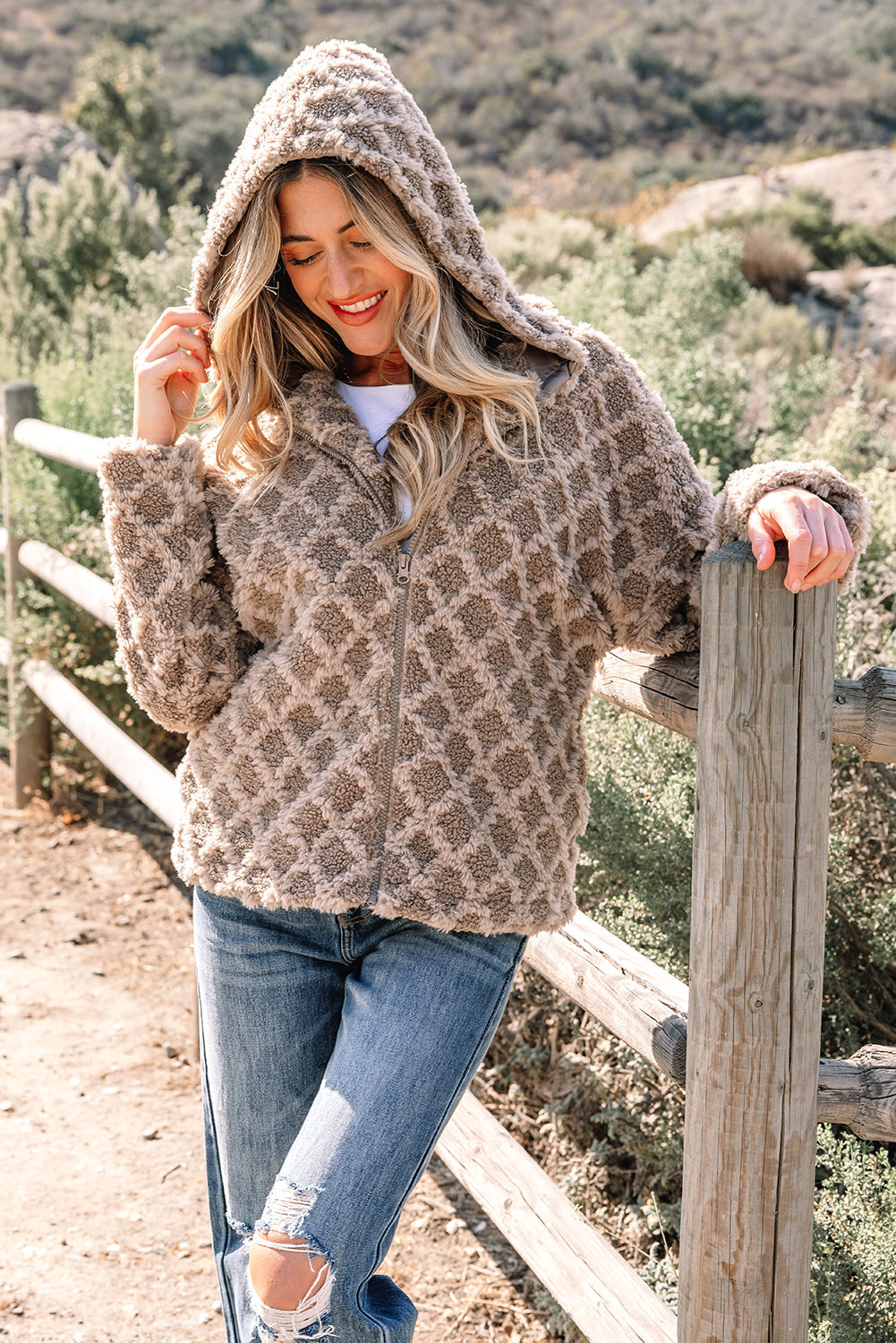 Sherpa Rhombus Textured Zip Up Hooded Jacket