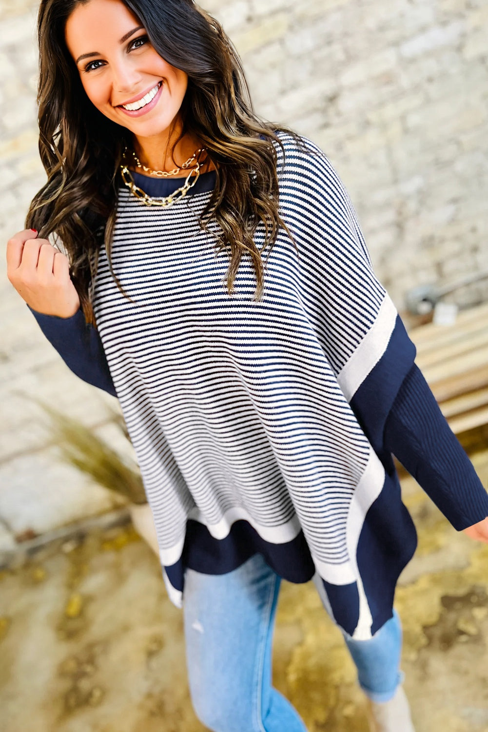 Stripe Colorblock Patchwork Dolman Sleeve Sweater