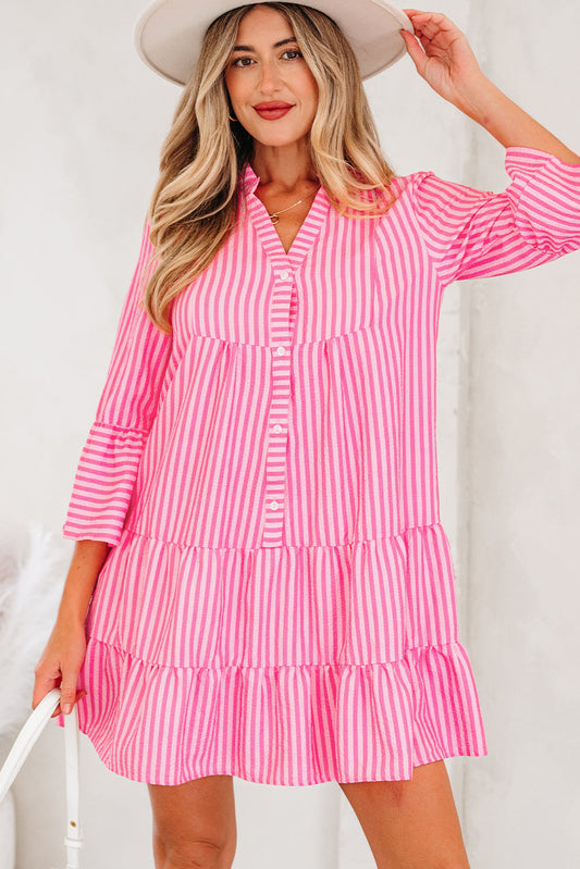 Stripe V-Neck Flare Sleeve Tiered Mini Dress