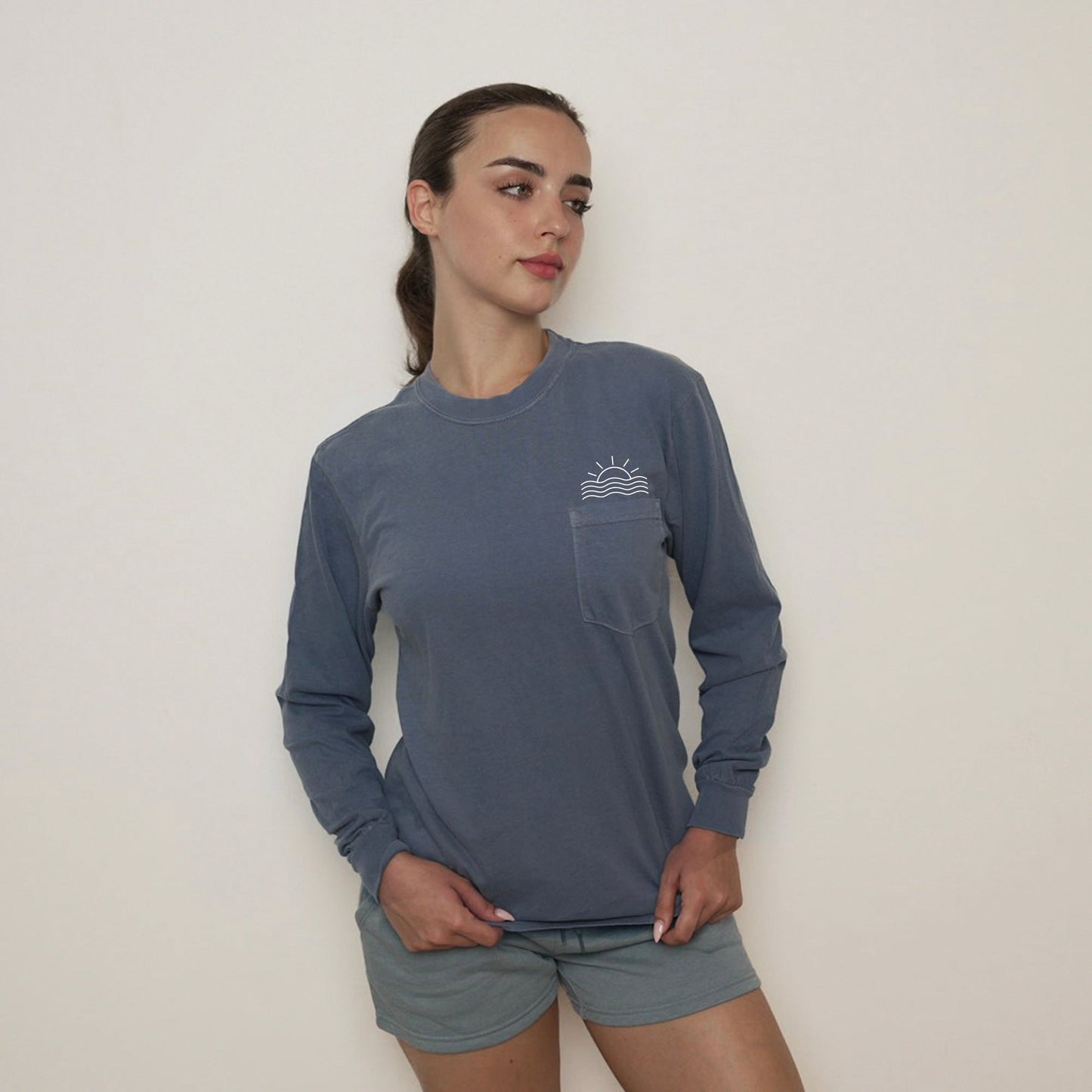 Comfort Colors Sun and Wave Lake Beach Vacation Pocket Long Sleeve Shirt