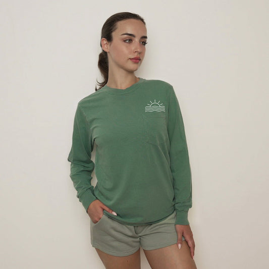 Comfort Colors Sun and Wave Lake Beach Vacation Pocket Long Sleeve Shirt