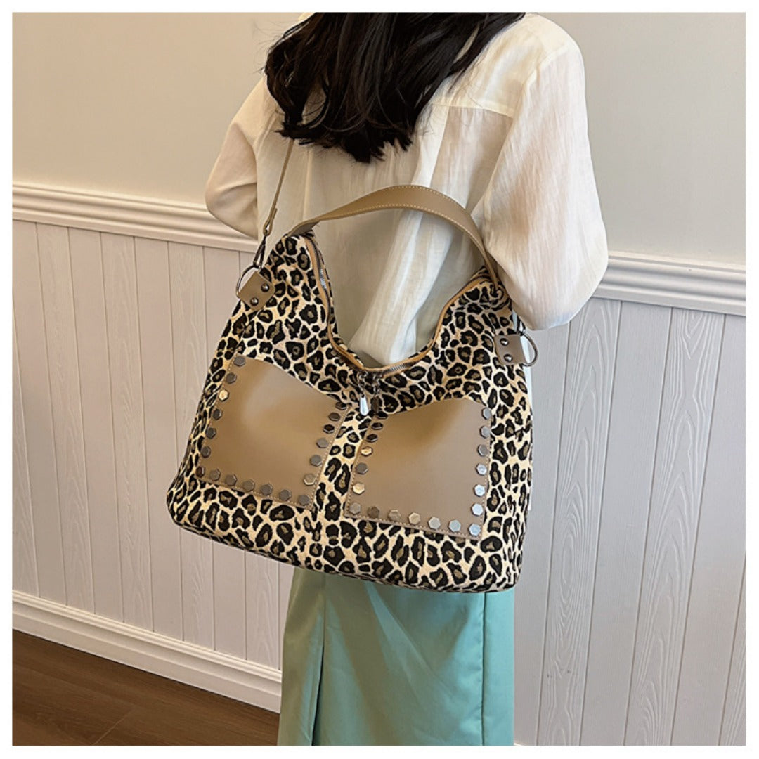 Ladies leopard print large capacity tote bag, vintage hobo bag casual, shoulder bag with crossbody strap, bag underarm bag women