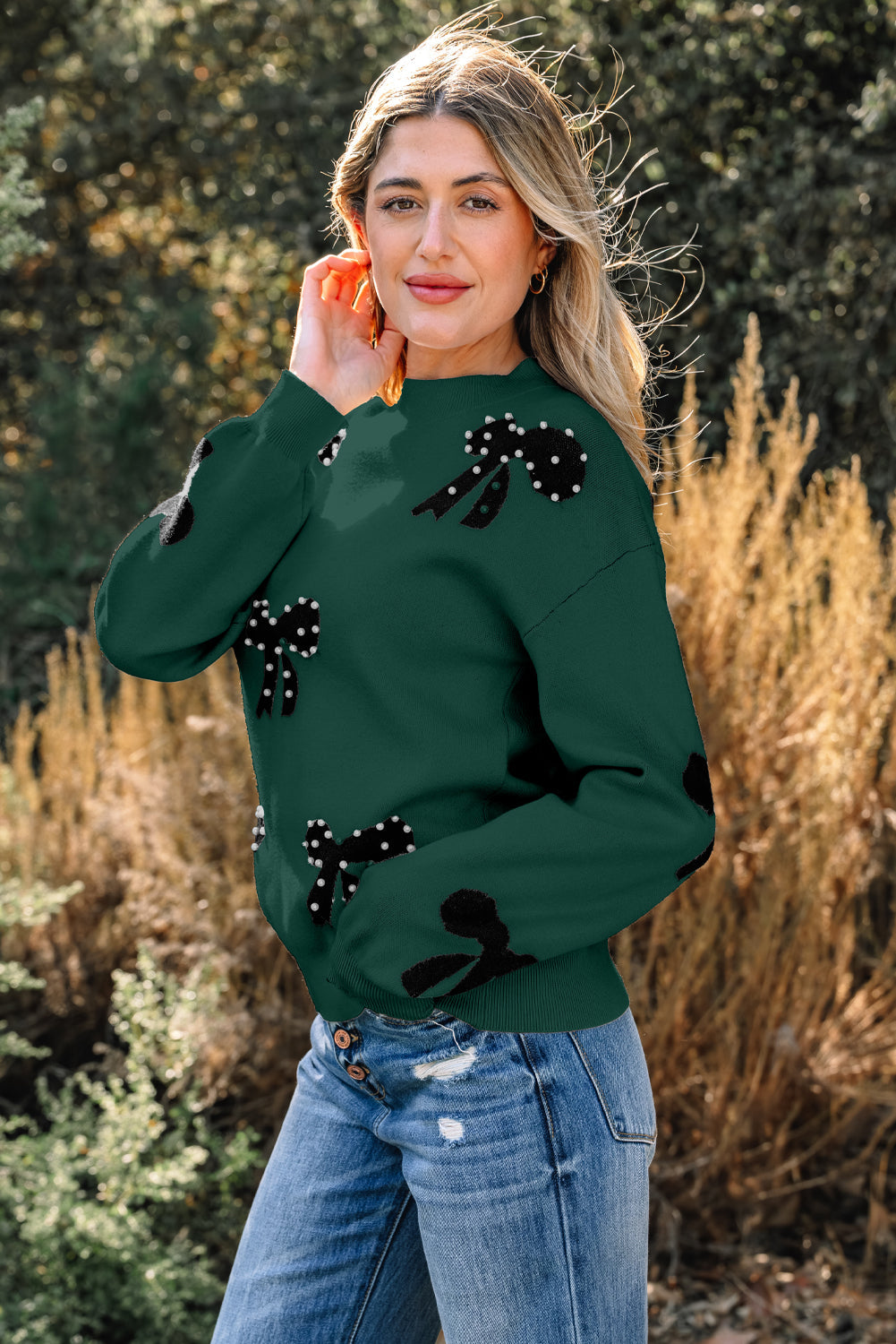 Bow Pearl Embellished Drop Shoulder Sweater