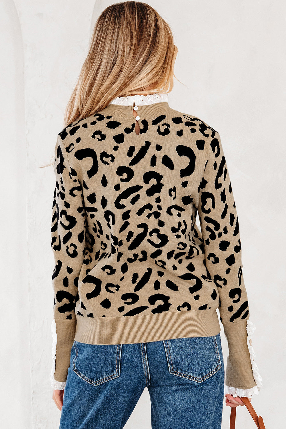 Leopard Lace Ribbed Trim Buttoned Cuff Sweater