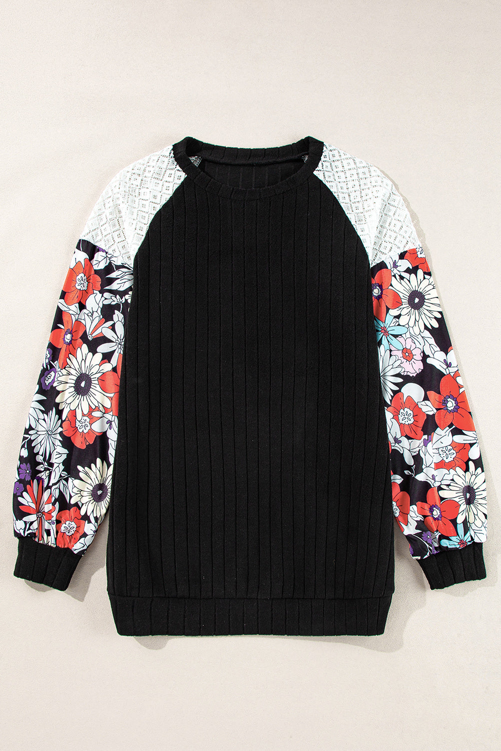 Floral Ribbed Patchwork Long Sleeve Blouse