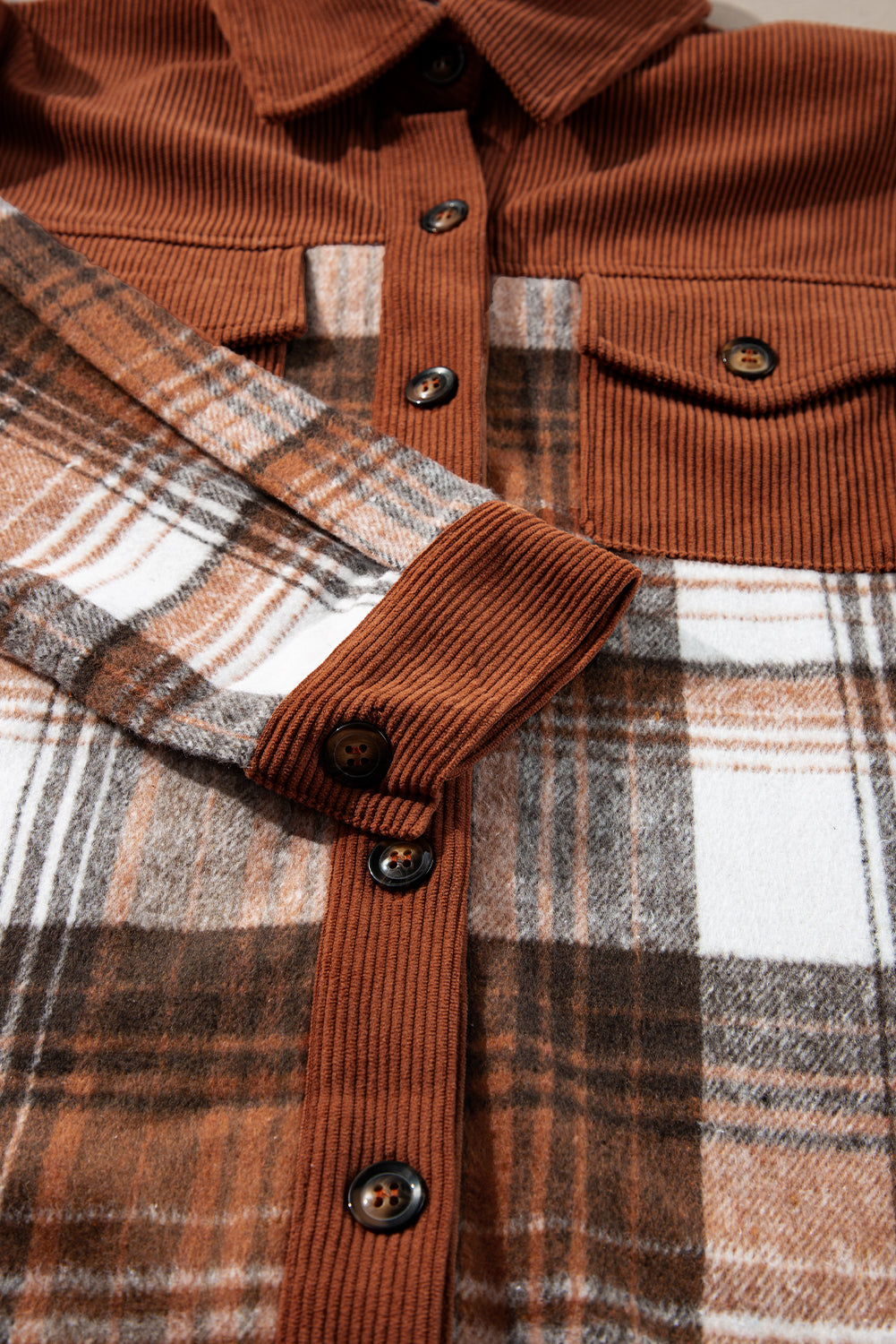 Plaid Corduroy Patchwork Pocketed Shacket