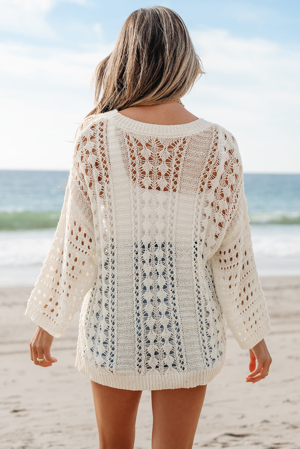 Hollow Out Knit 3/4 Drop Shoulder Sweater