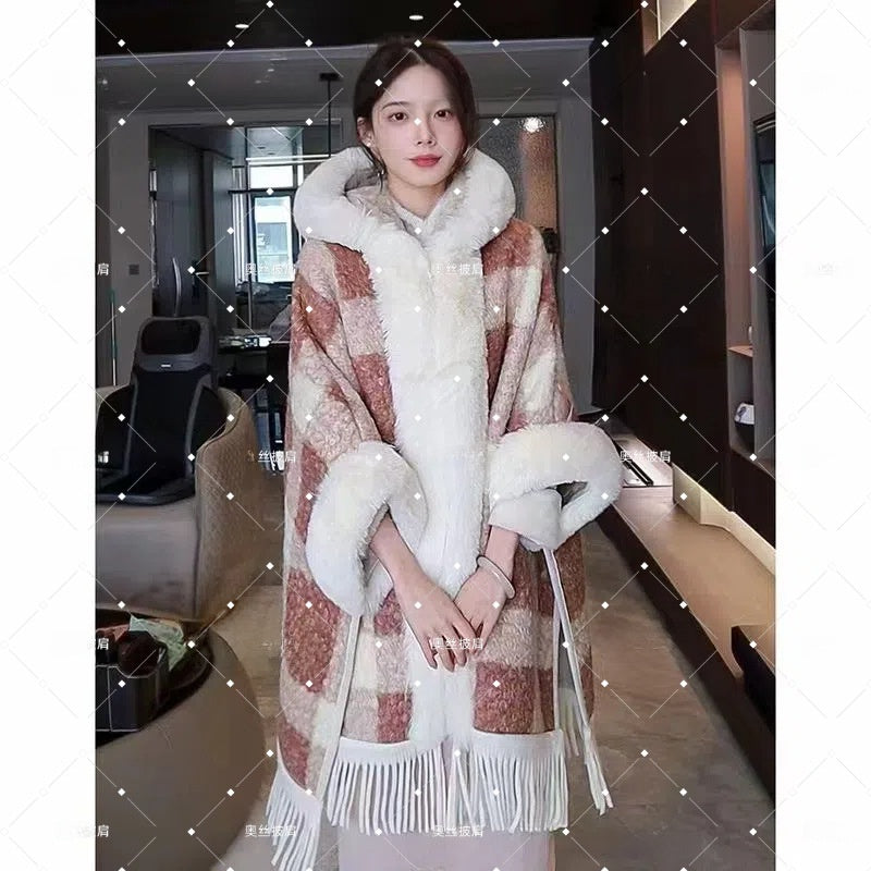 Hooded Fleece-Lined Cape with Tassel