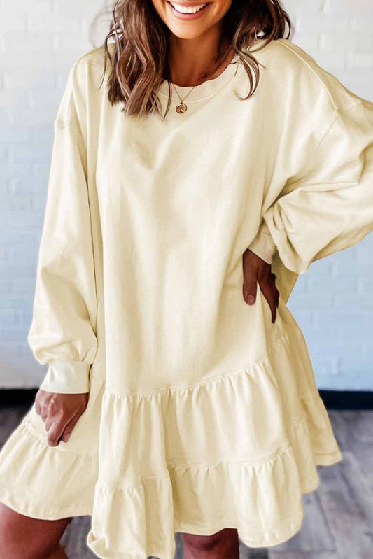 Solid Tiered Ruffle Hem Long Sleeve Dress